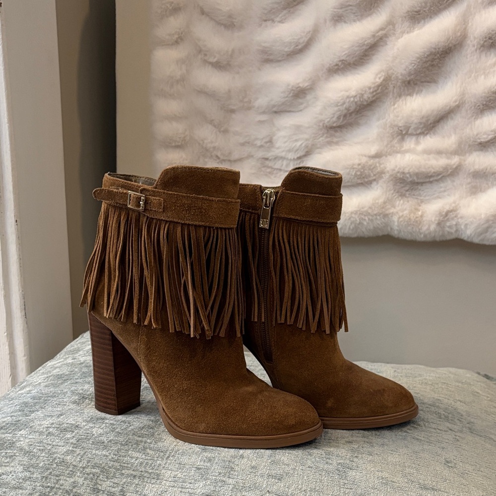 Ivanka Trump Tan Suede Fringe Heeled Boots